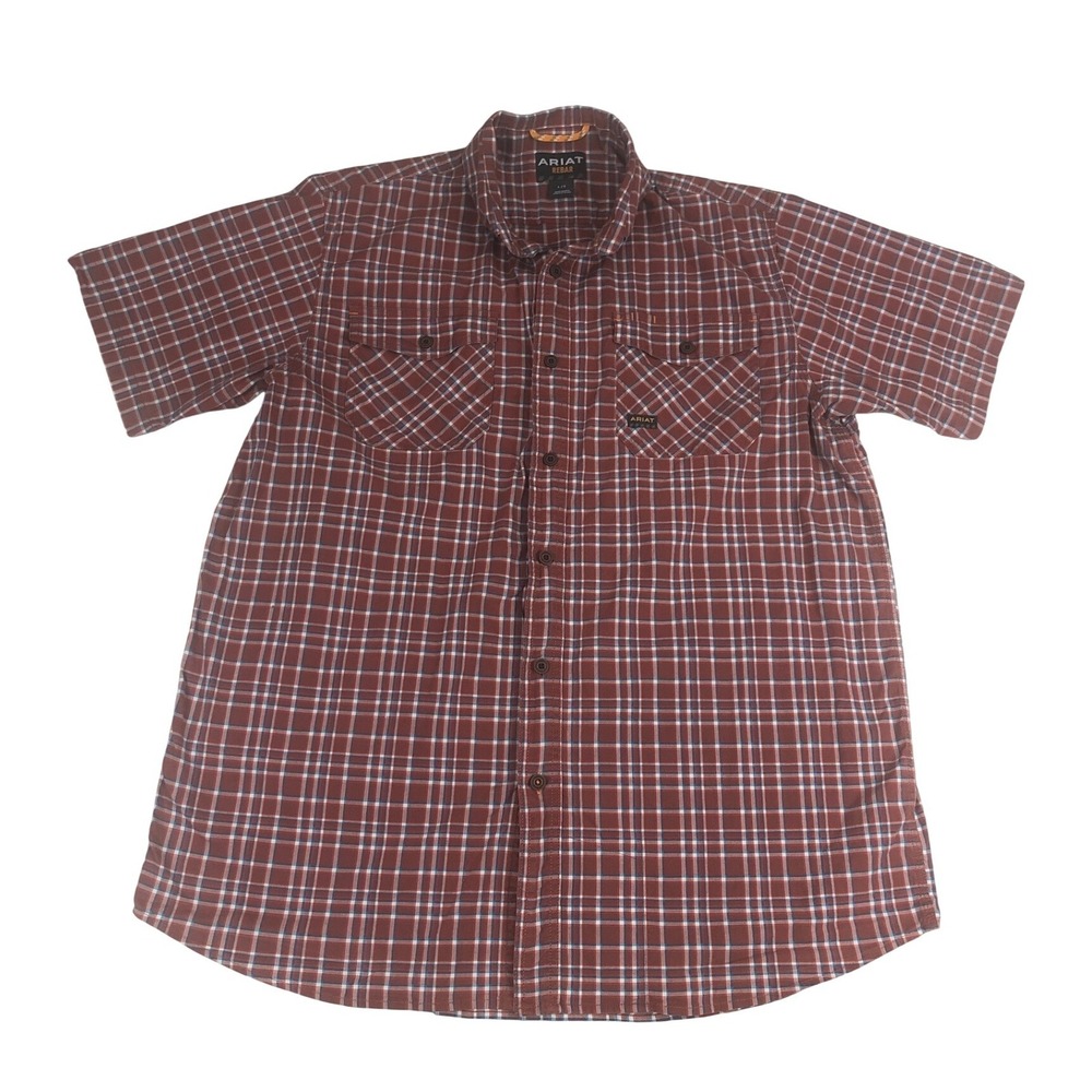 Ariat Rebar Mens Large Short Sleeve Plaid Button Down Work Shirt Mahogany Red